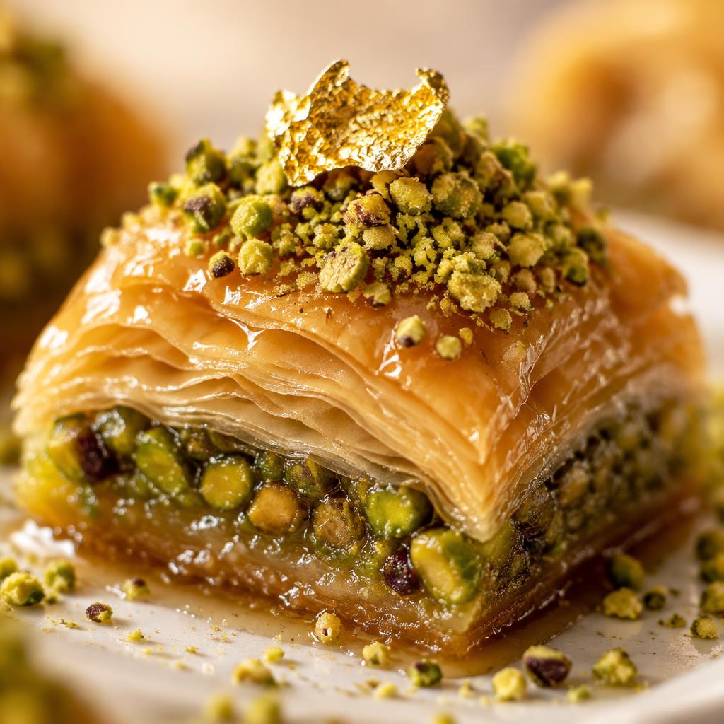 Baklava topped with crushed pistachio and edible gold leaf