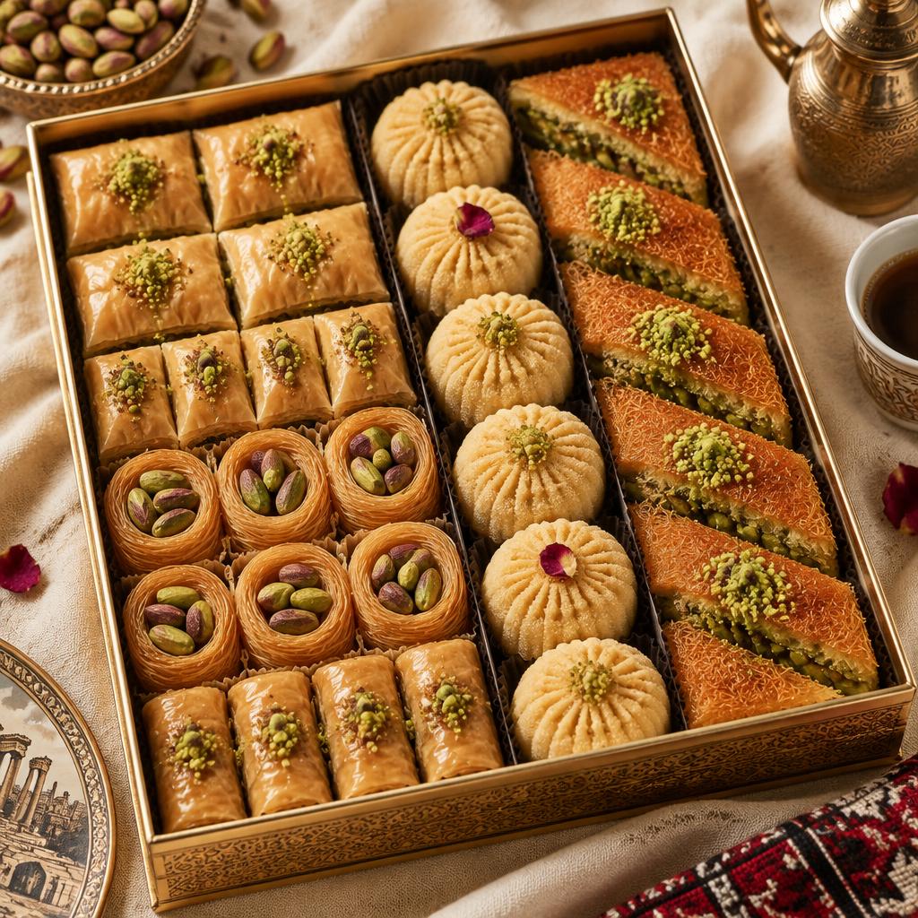 Assorted Jordanian baklava and maamoul in an ornate gold-rimmed gift box